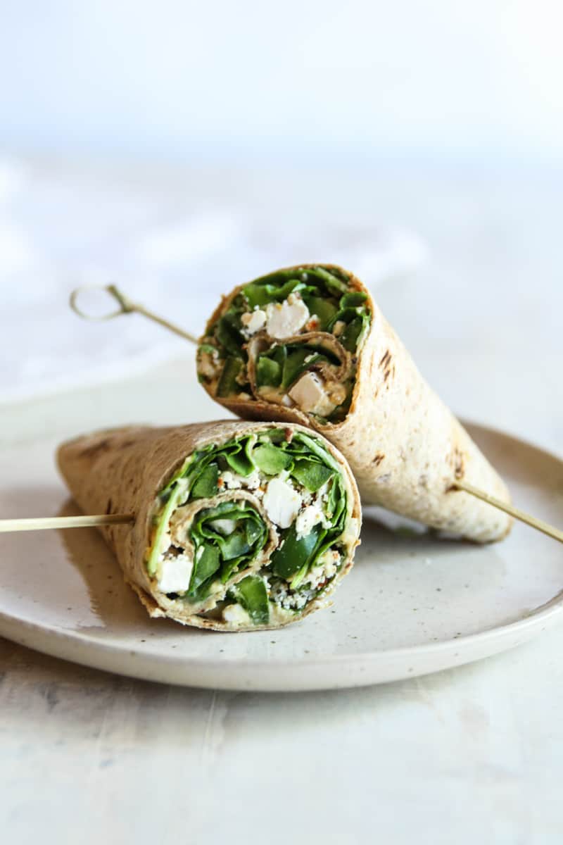 These vegetarian lunch wraps take all of 5 minutes to put together, and are a healthy and filling lunch you’re going to love!  
