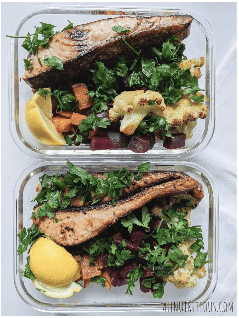 In just under 40 minutes, you can have this high protein salmon meal prep ready for the days to come. These salmon bowls come with vegetables that are packed with nutrients.

The recipe is high protein, dairy-free, and gluten-free.