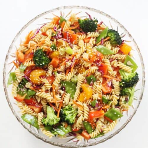 Asian pasta salad in a bowl.