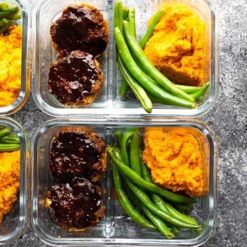 BBQ meatloaf, sweet potatoes, and green beans in a meal prep container.
