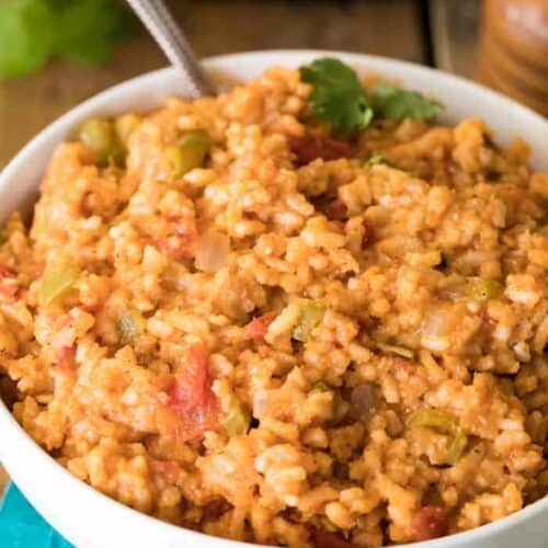 Spanish rice in a serving dish.