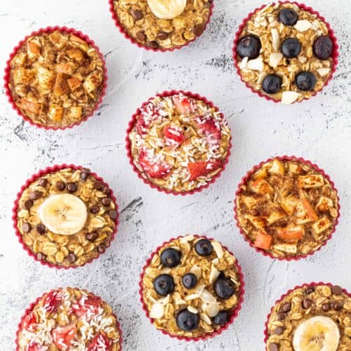 Oatmeal muffins with a variety of toppings on a platter.
