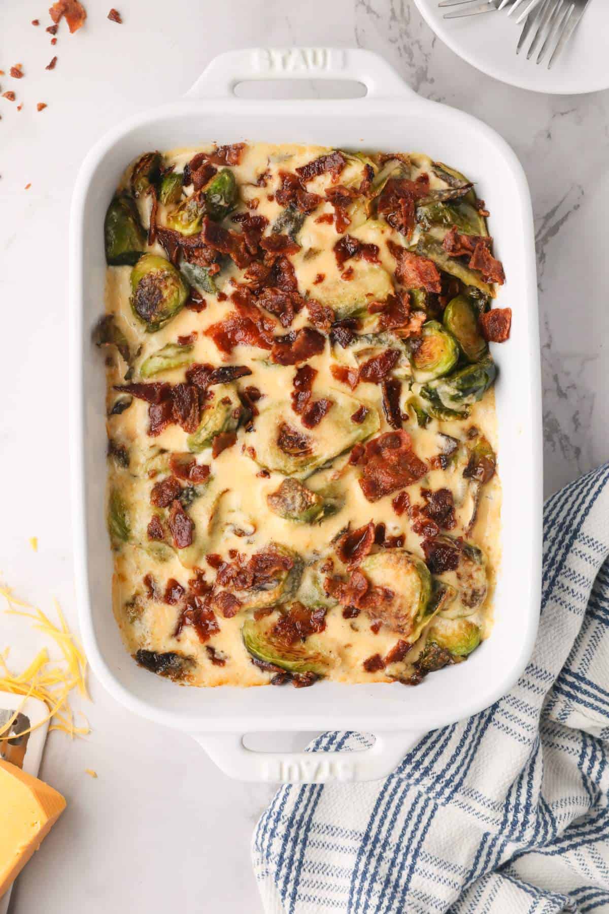 Cooked keto Brussel sprouts recipe in a baking pan. 
