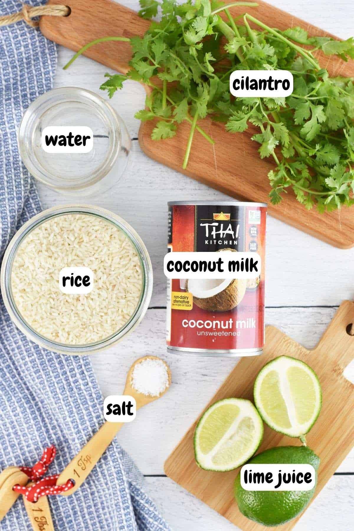 Ingredients for coconut lime rice: rice, coconut milk, lime, salt, cilantro, water 