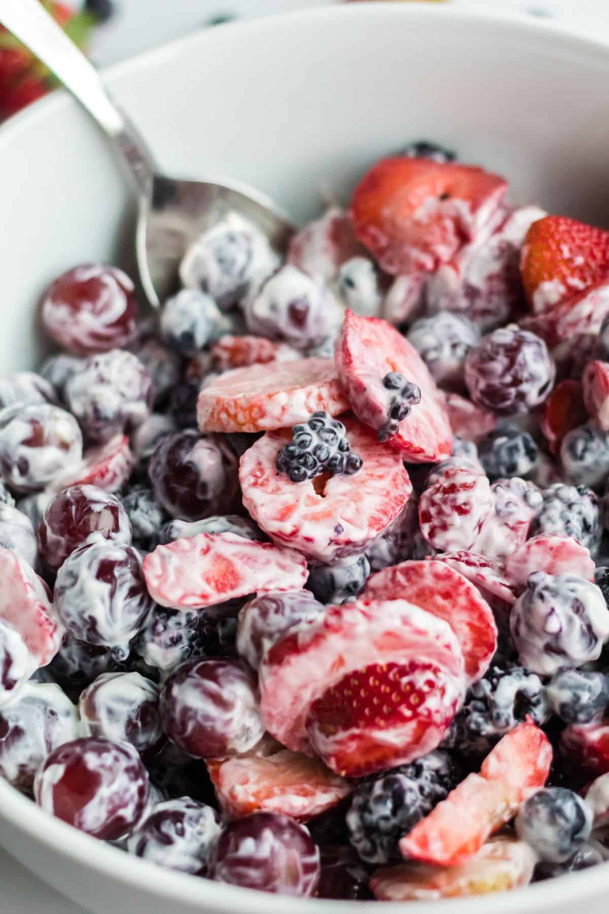 Creamy fruit salad with yogurt dressing. 