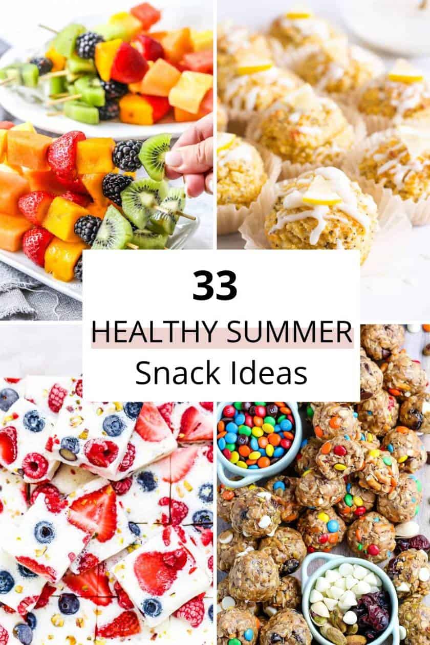 Collage of healthy summer snack ideas: fruit kabobs, lemon muffins, energy bites, and frozen yogurt bark. 