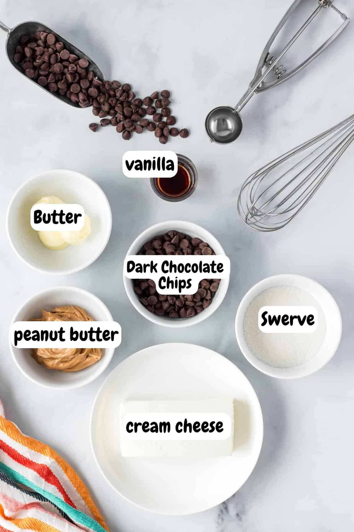 Ingredients for chocolate chip cookie dough fat bombs. 