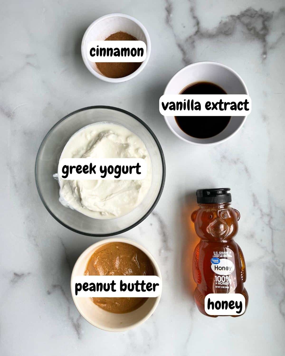 Ingredients needed to make greek yogurt peanut butter dip. 