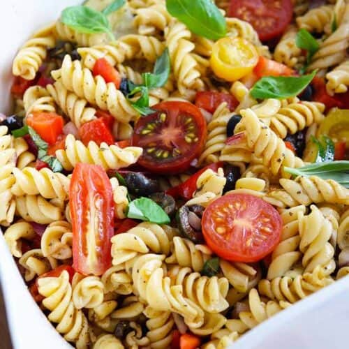 Vegetable pasta salad in a large bowl.