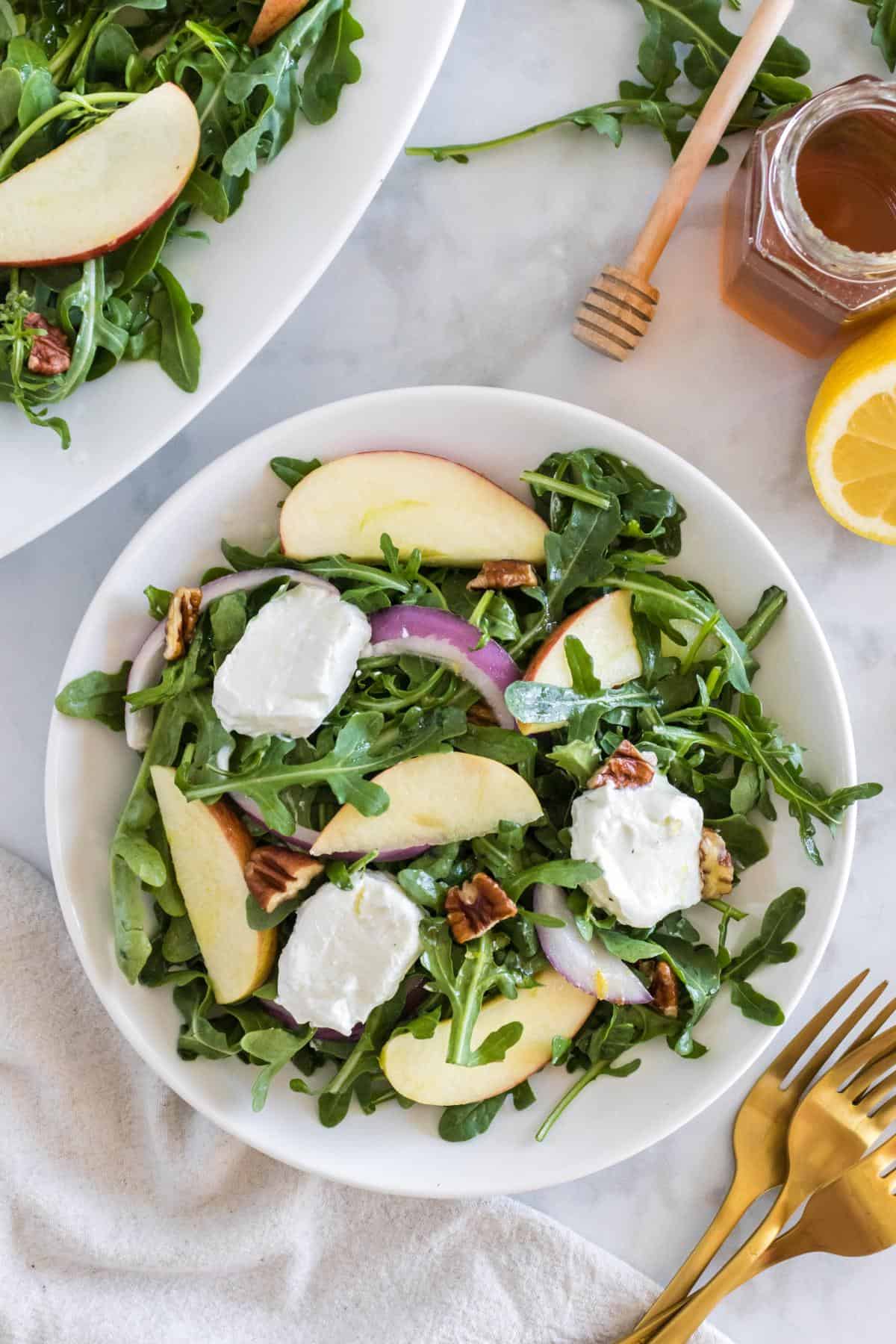 Apple and Arugula salad with goat cheese and pecans being served on a plate.