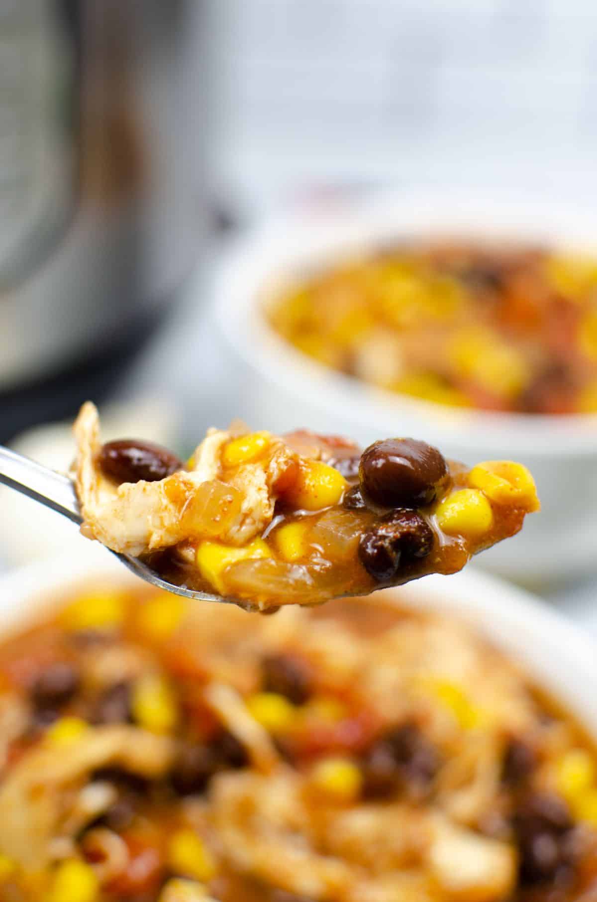 Close up image of chicken taco soup on a spoon. 