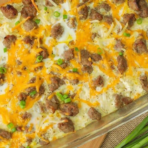 Sausage, egg, and cheese casserole in a large baking pan.