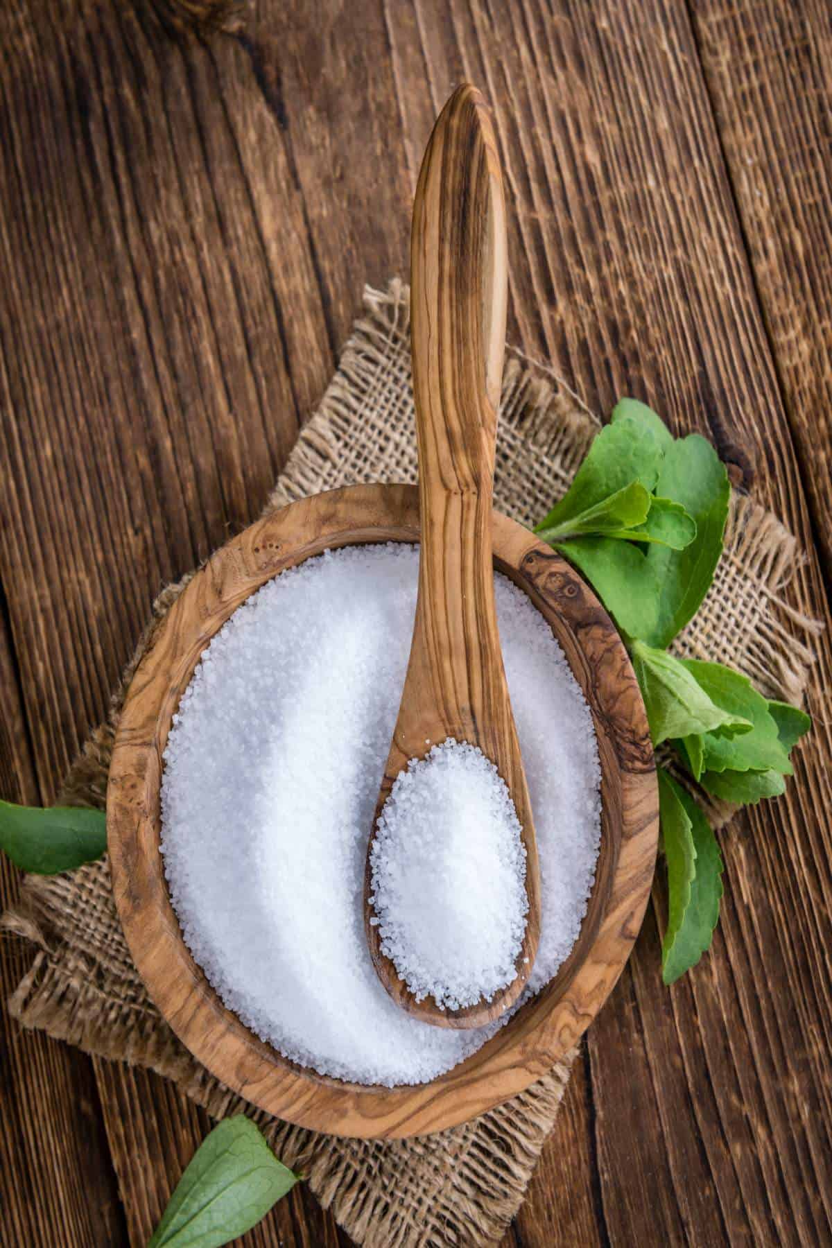 Stevia in a wooden bowl. 