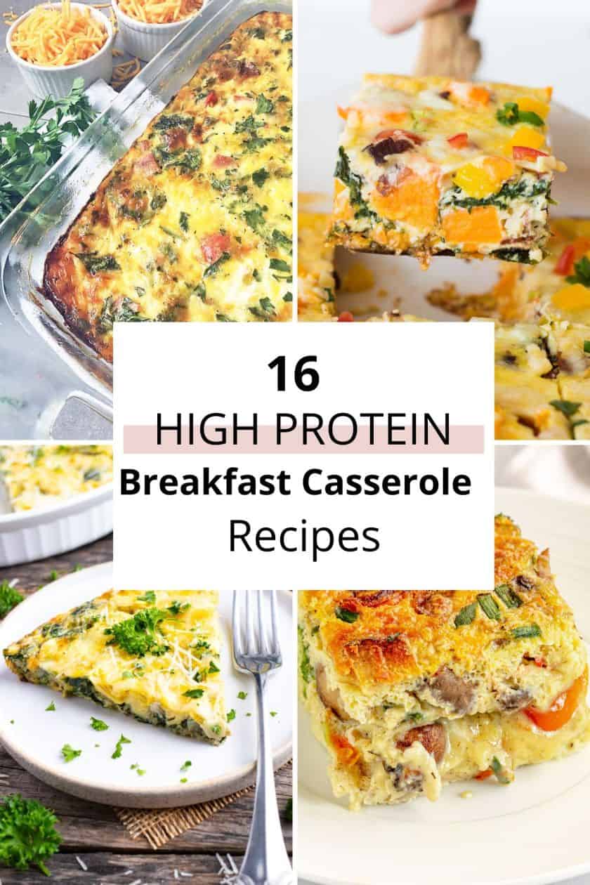  Collage of 4 different high protein breakfast casseroles being served. 