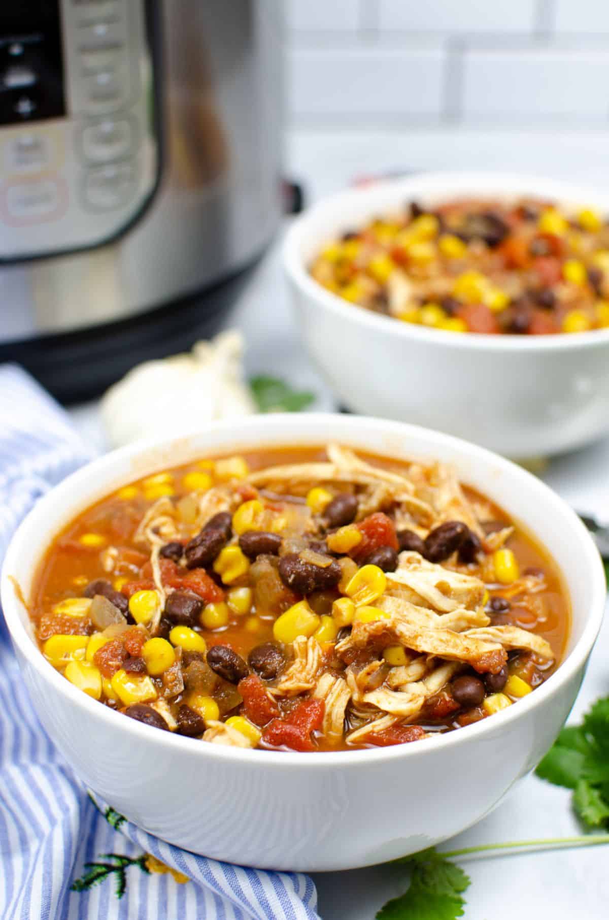 Instant pot chicken taco soup served in a bowl. 