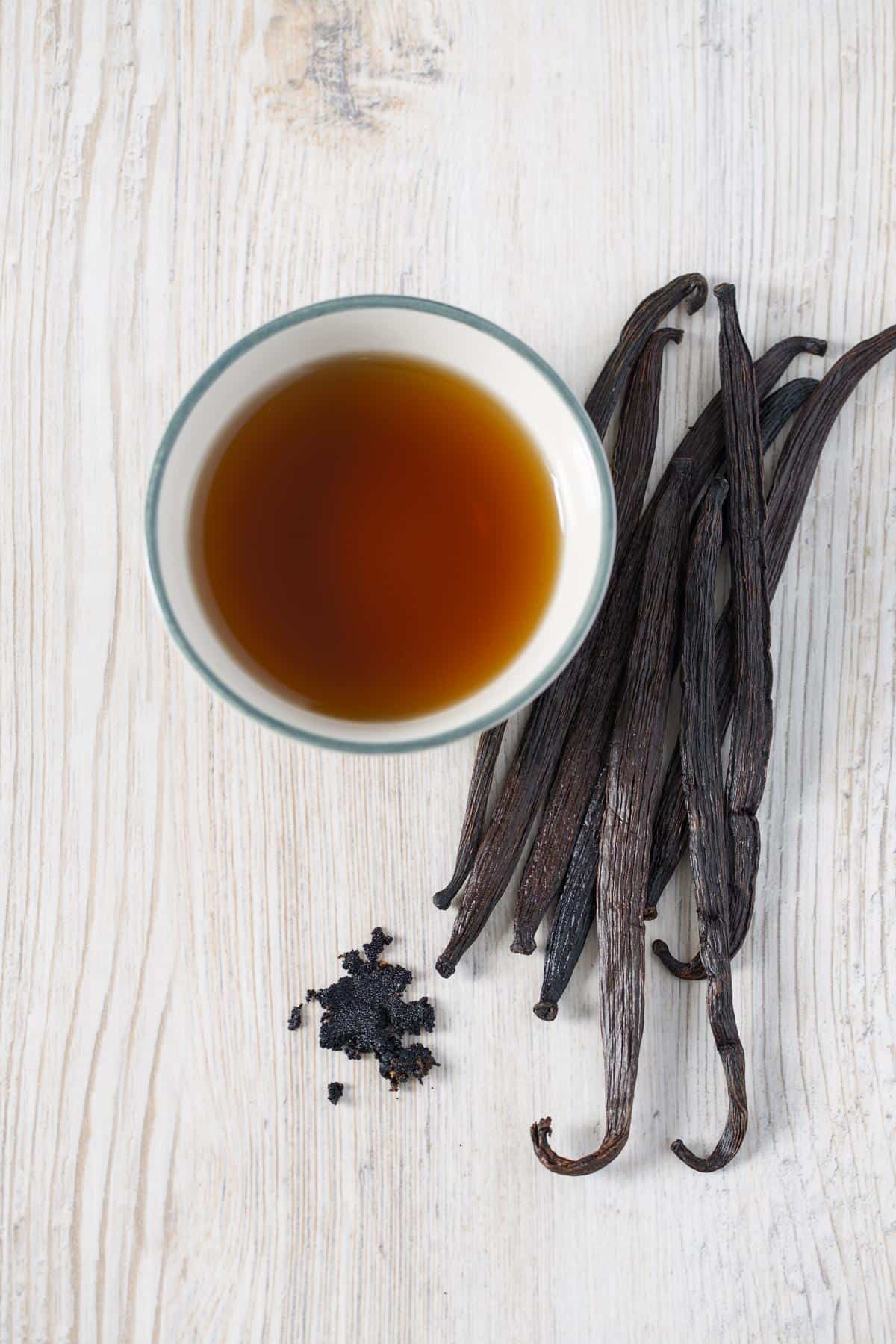 Vanilla extract in a small bowl. 