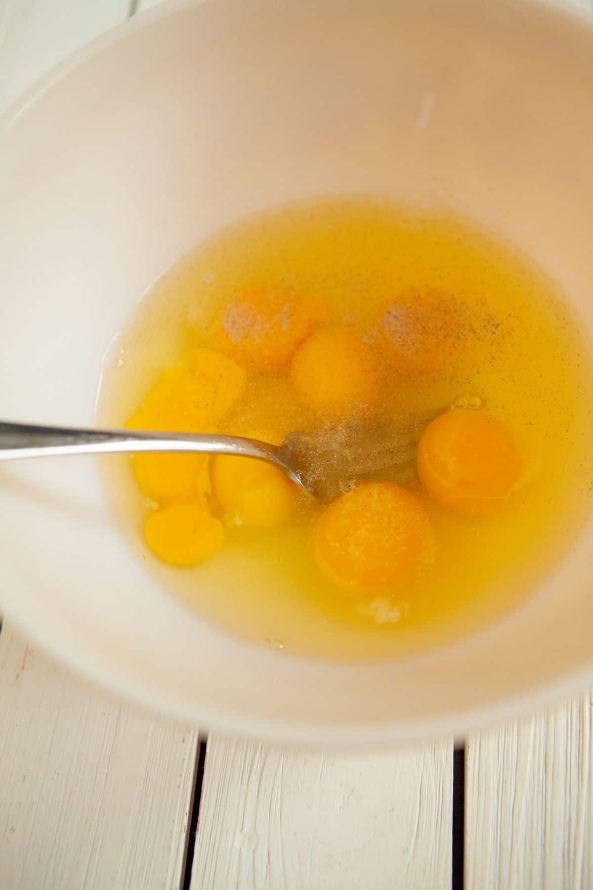 Eggs being mixed together in a bowl. 