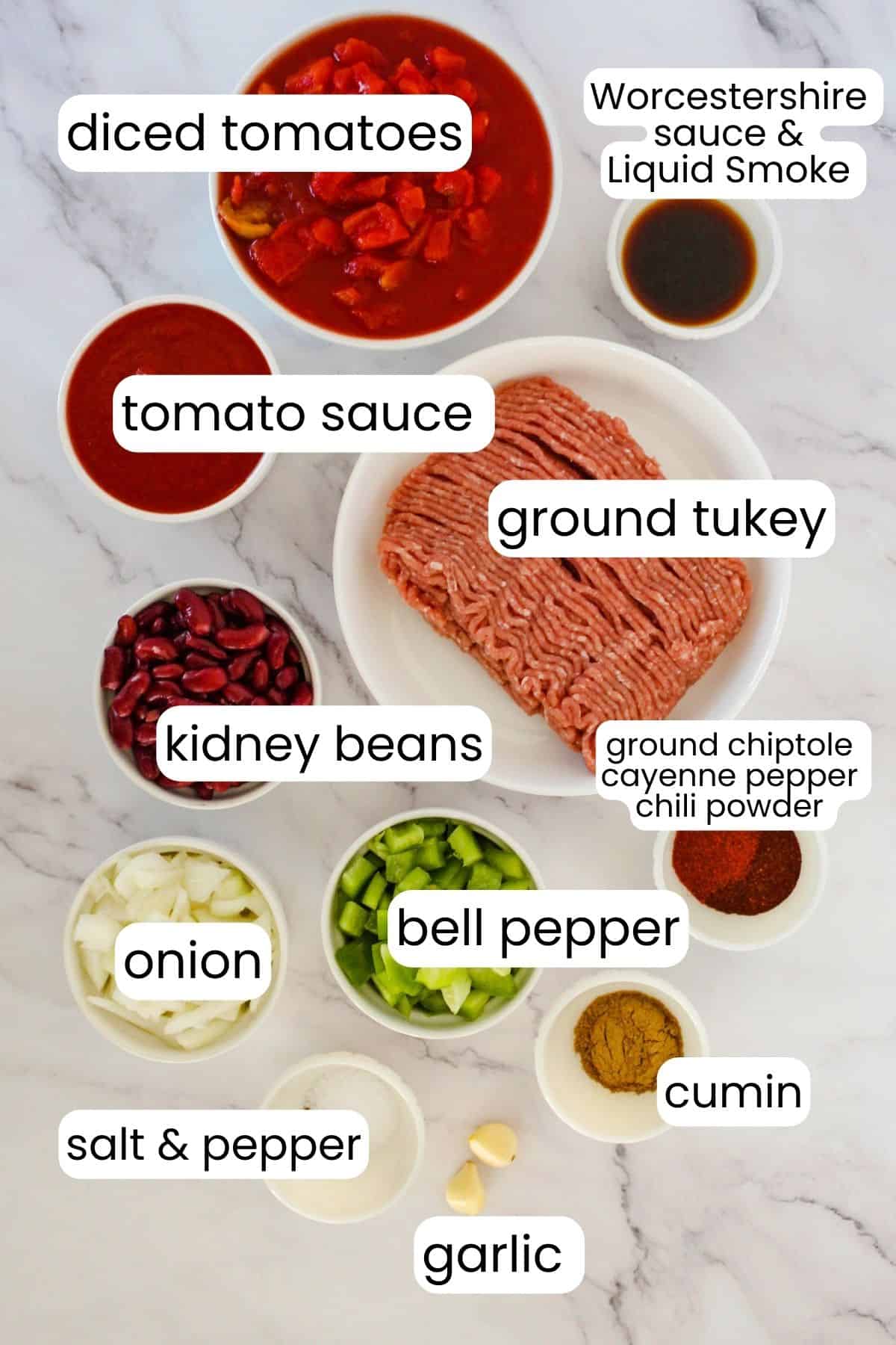 Ingredients for white turkey chili in individual containers. 