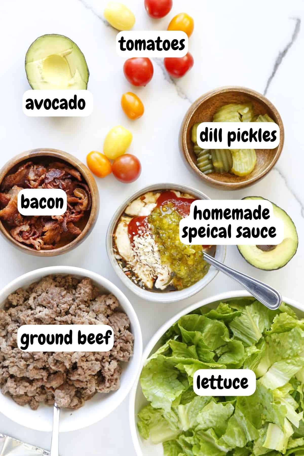 Ingredients for big mac in a bowl recipe arranged in bowls. 