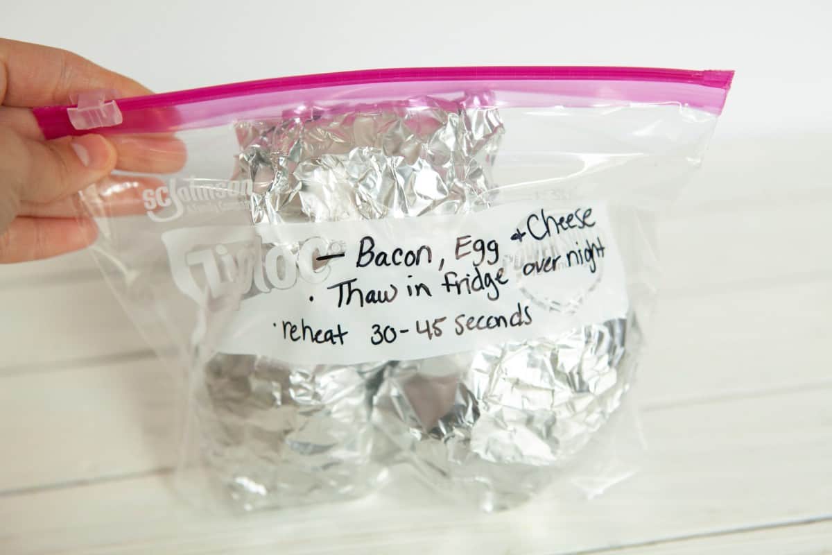 Bacon, egg, and cheese biscuits individually wrapped in tin foil and placed in a ziploc bag. 