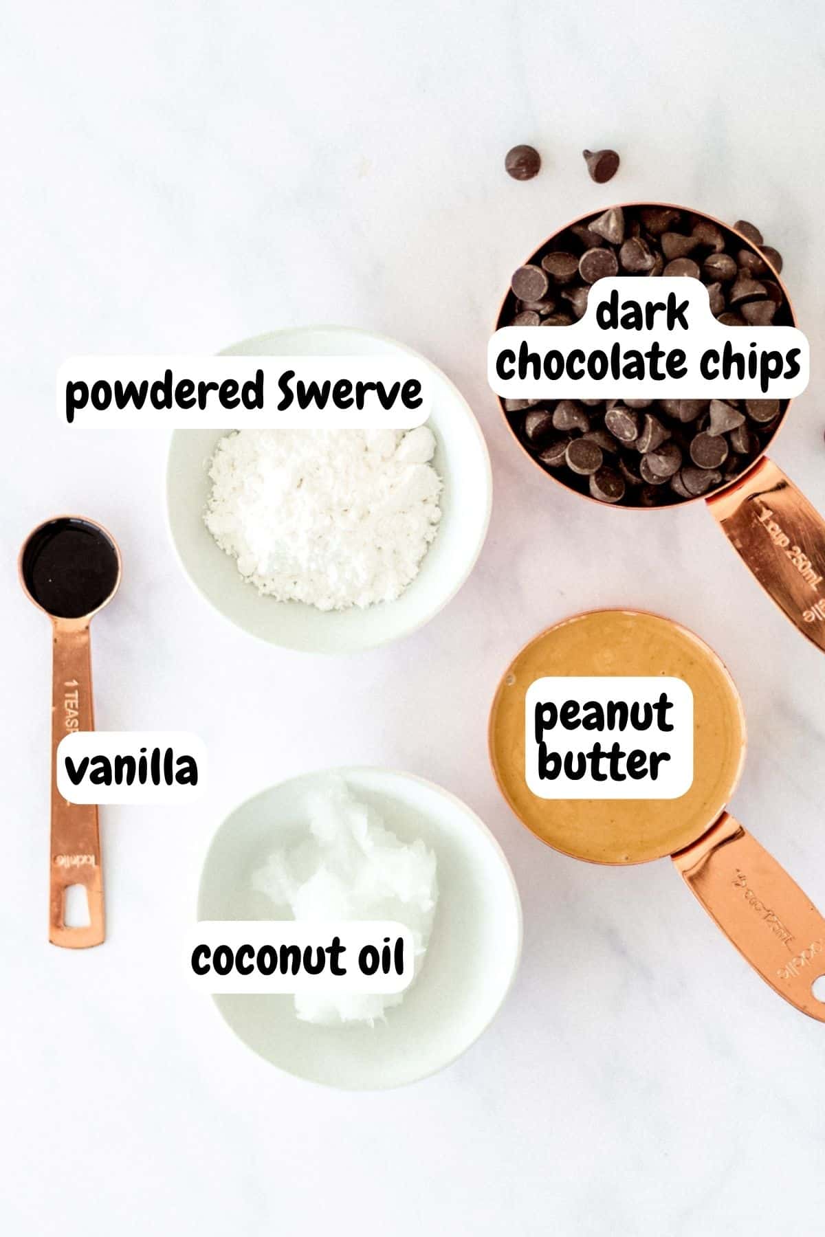 Ingredients for homemade peanut butter cups in individual containers. 