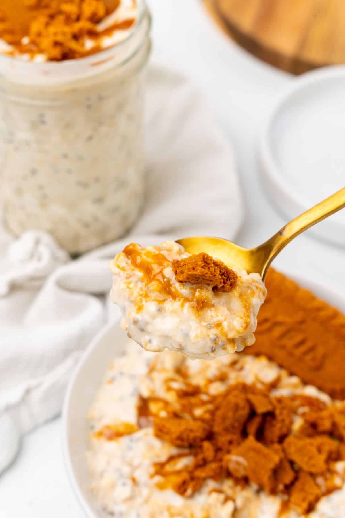 Biscoff overnight oats on a spoon. 