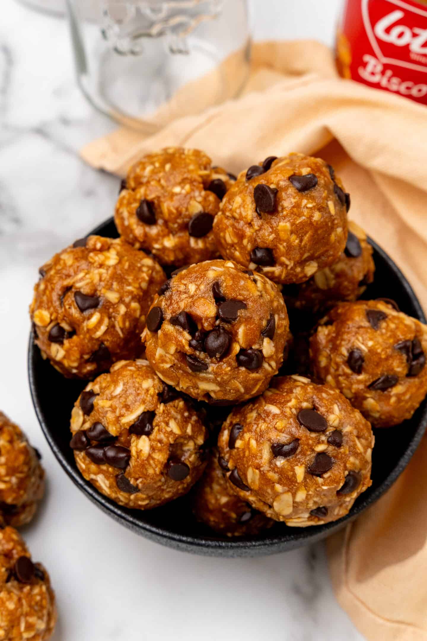 A bowl of Biscoff protein balls. 