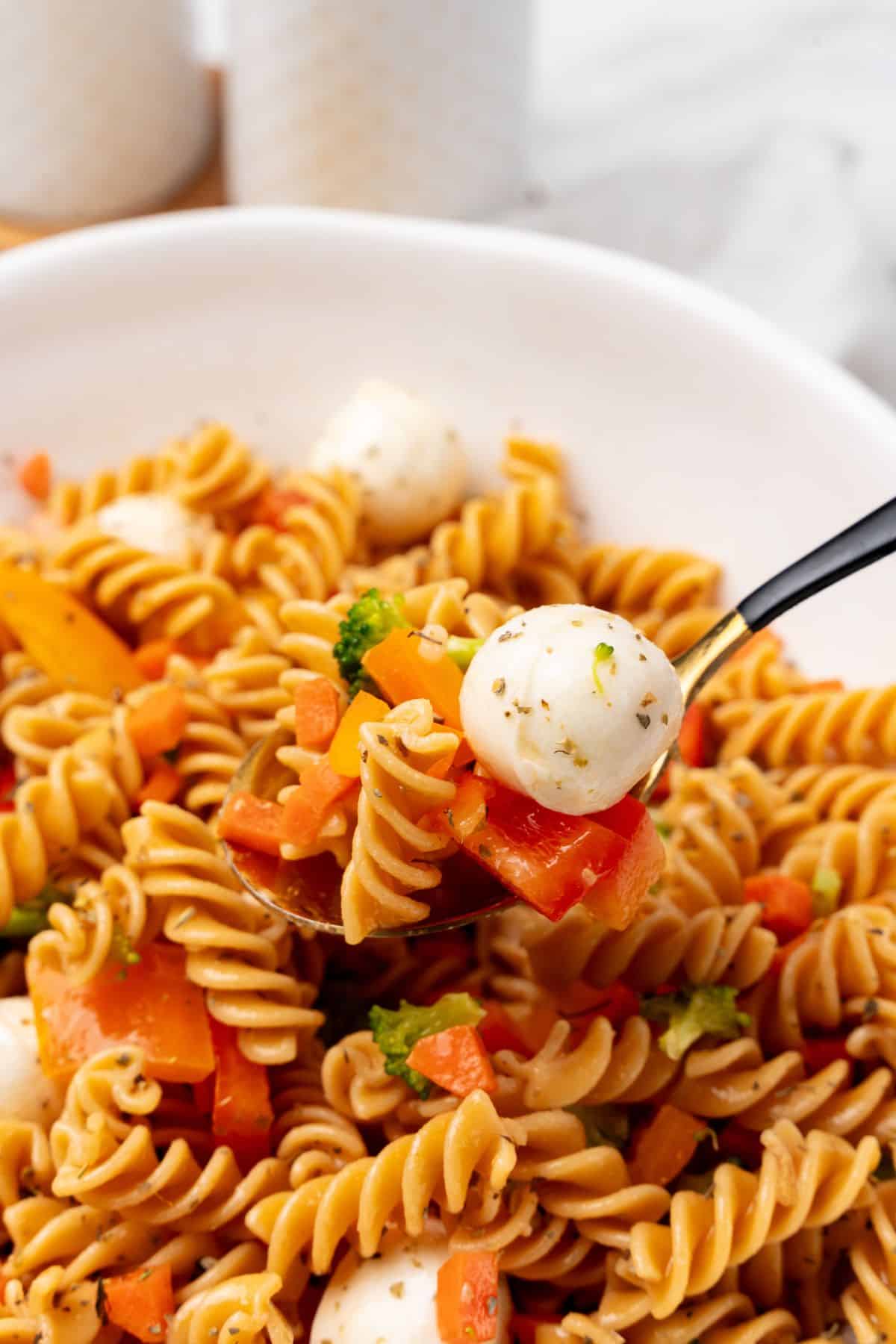 Protein-packed spoonful of pasta salad with tomatoes and mozzarella.