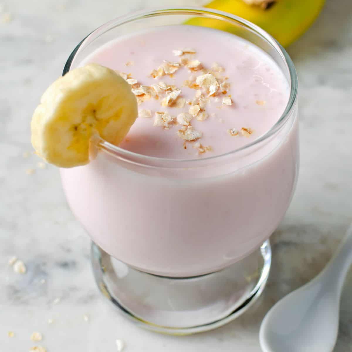A pink smoothie with bananas and oats featured in the Recipe Index.