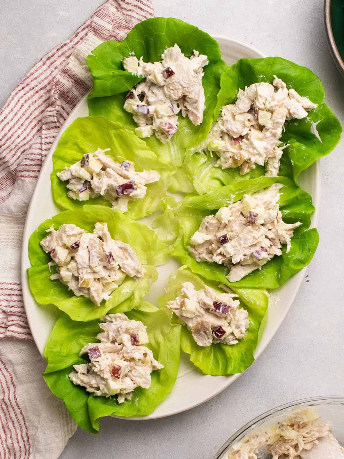 A chicken lettuce wrap on a white platter.