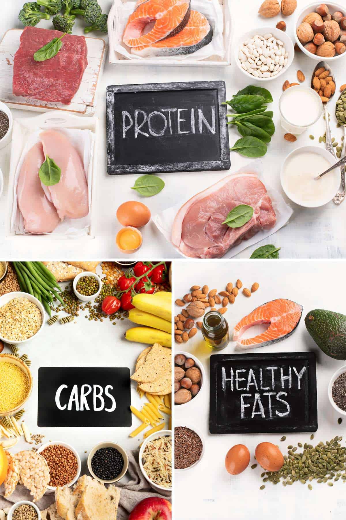 A collage of different types of food, including protein and healthy fats that are essential for understanding macronutrients. 