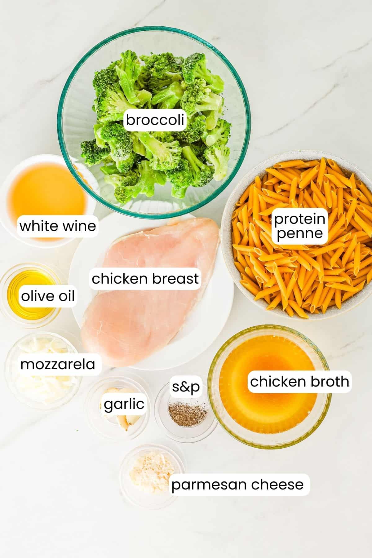 A collage of ingredients for a penne with chicken and broccoli dish.