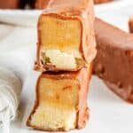 A stack of healthy Twix bars on a white plate.