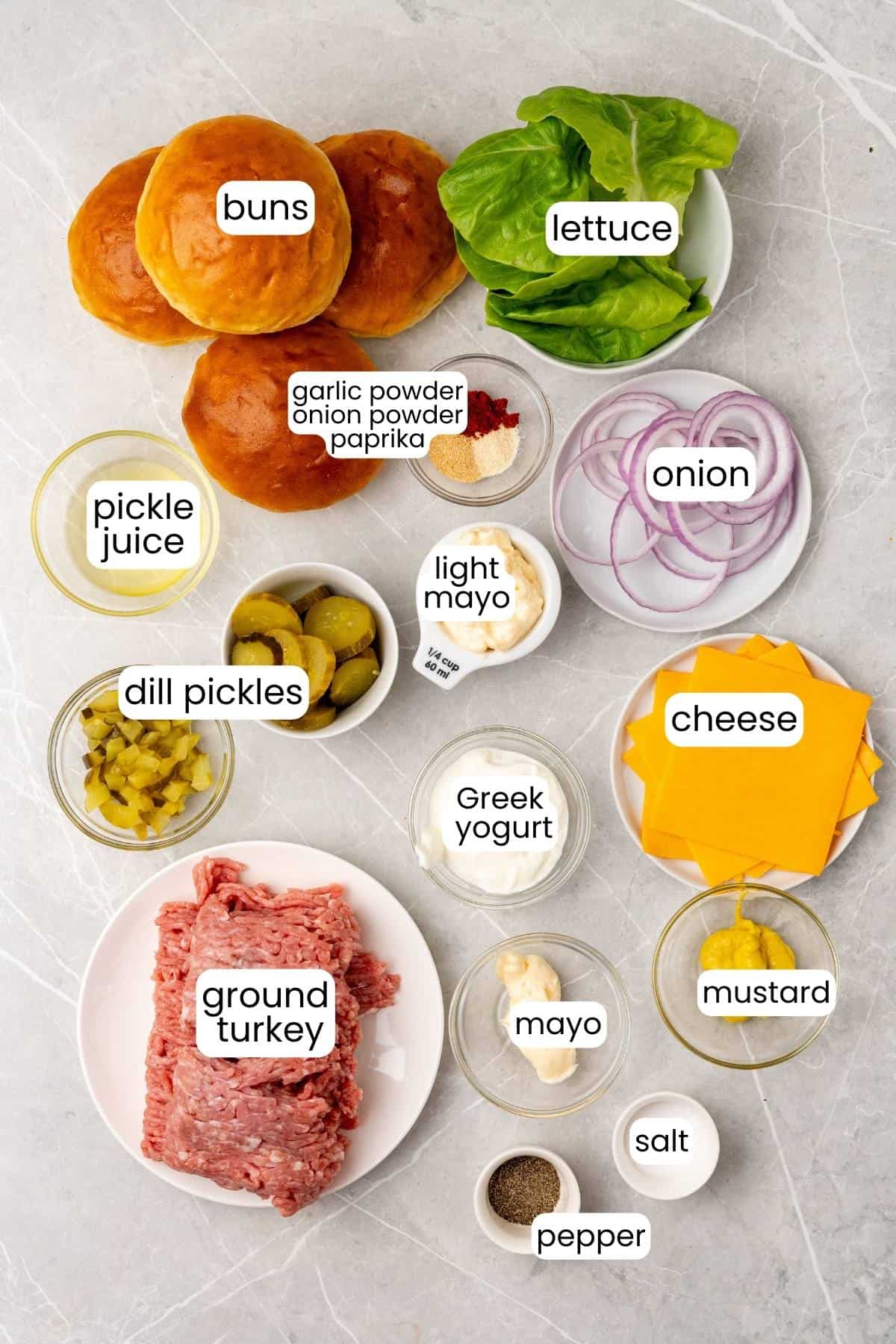 Ingredients for a turkey smash burgers.