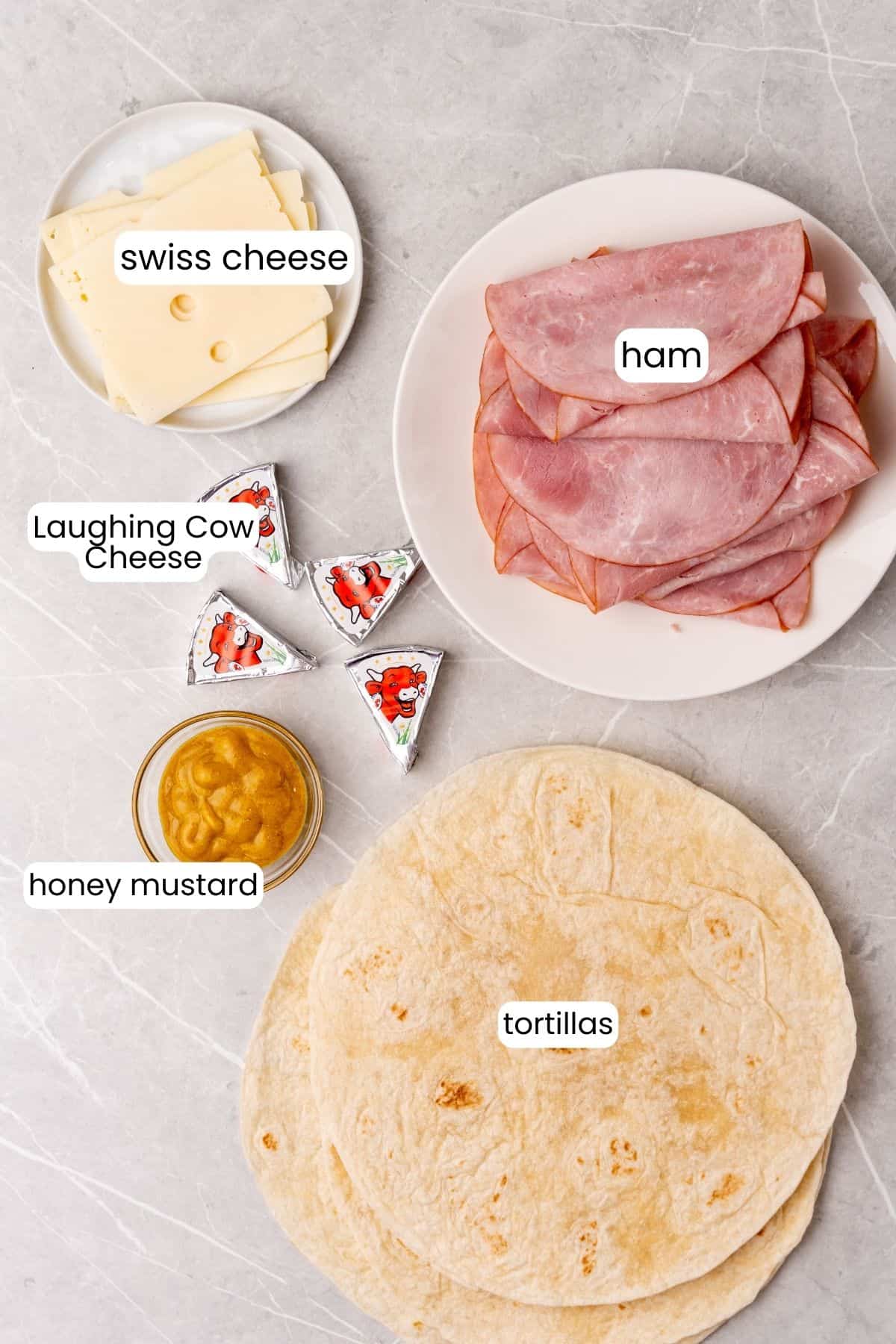         Ingredients for ham and cheese wraps.