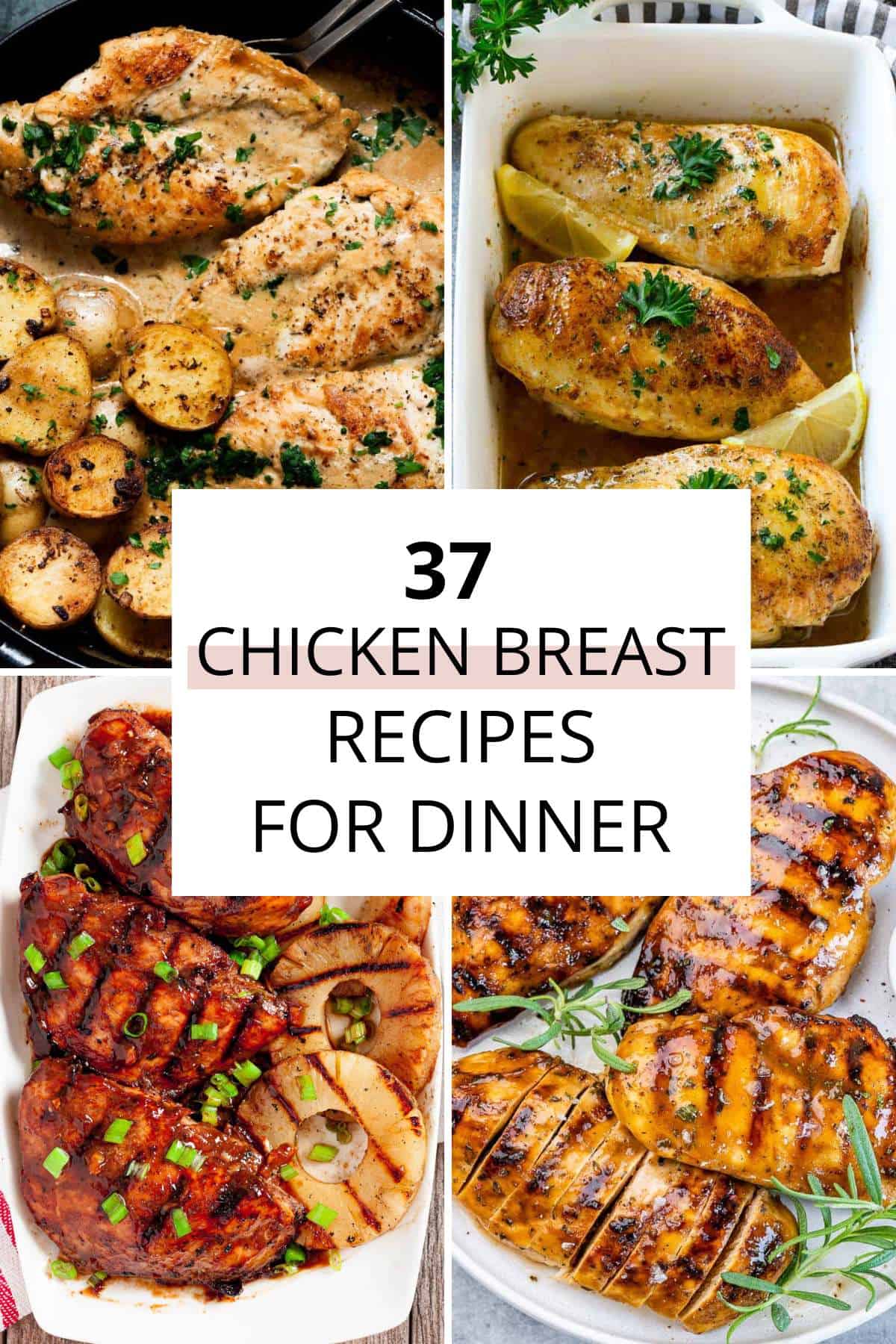 Four varied chicken breast recipes presented as dinner ideas.