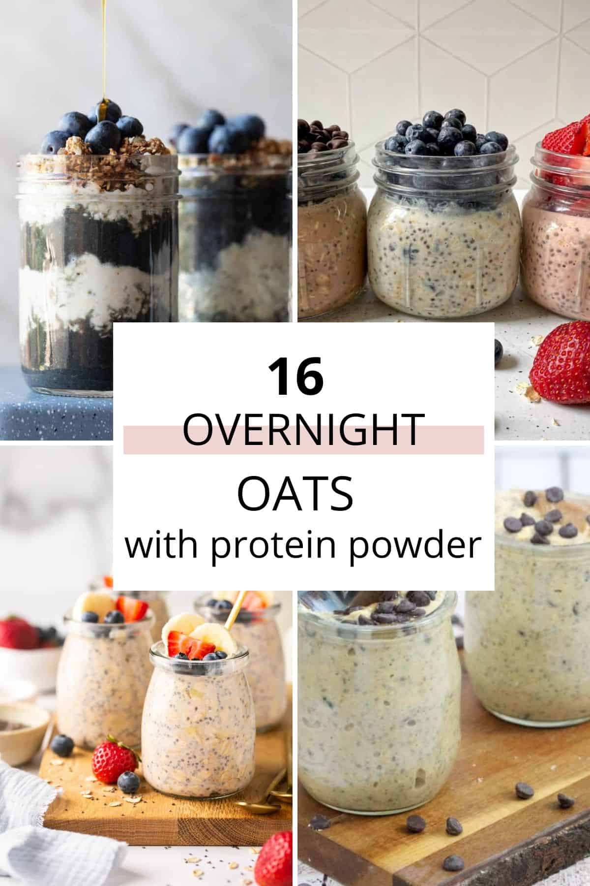 A compilation of images showcasing various servings of protein oats garnished with fruits like blueberries and strawberries.