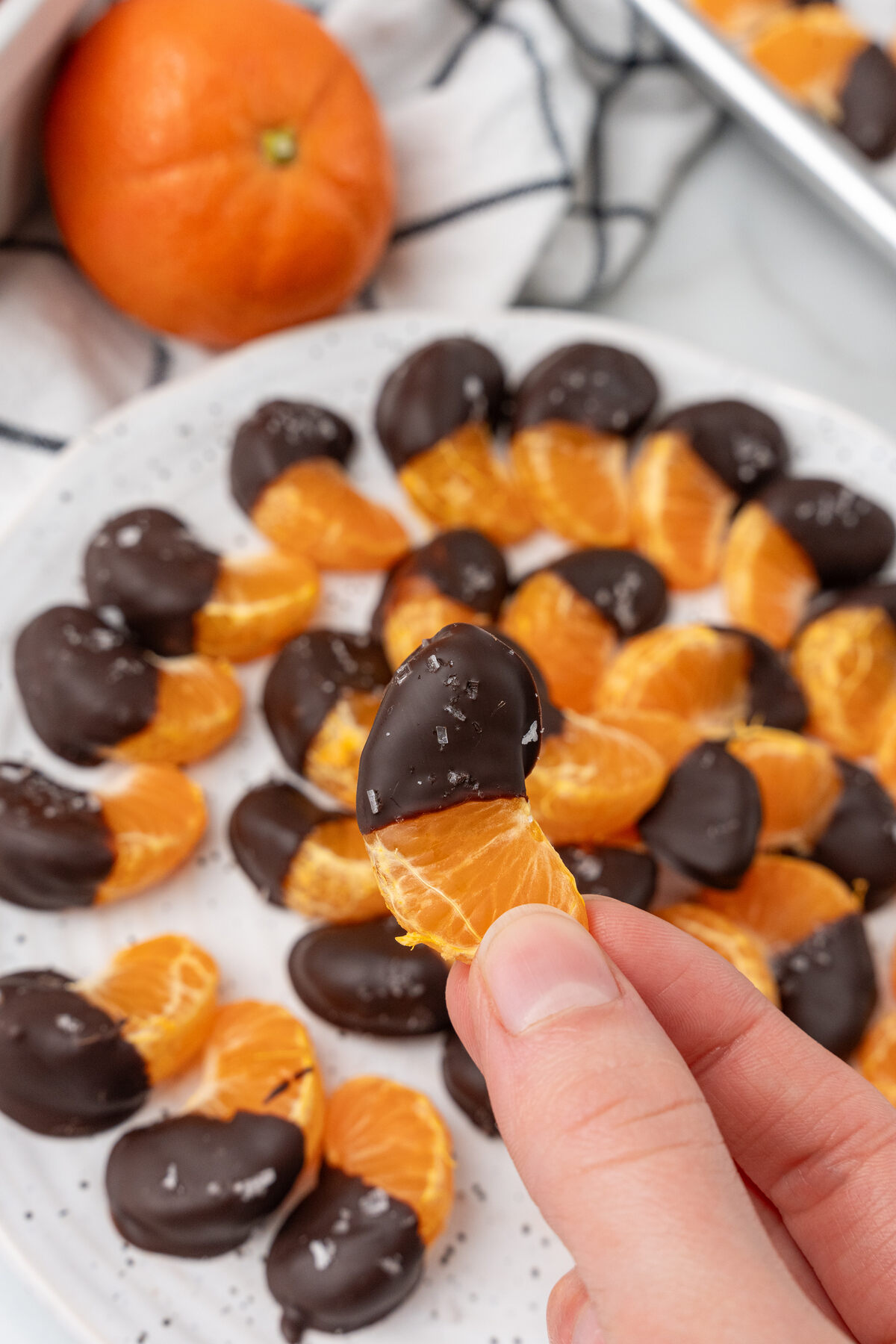 A person holding a chocolate covered orange. 