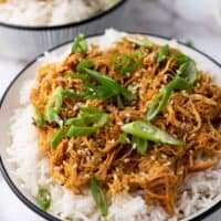 A bowl of rice topped with shredded honey garlic chicken, green onions, and sesame seeds. Another similar dish, perhaps prepared in a slow cooker, is visible in the background.