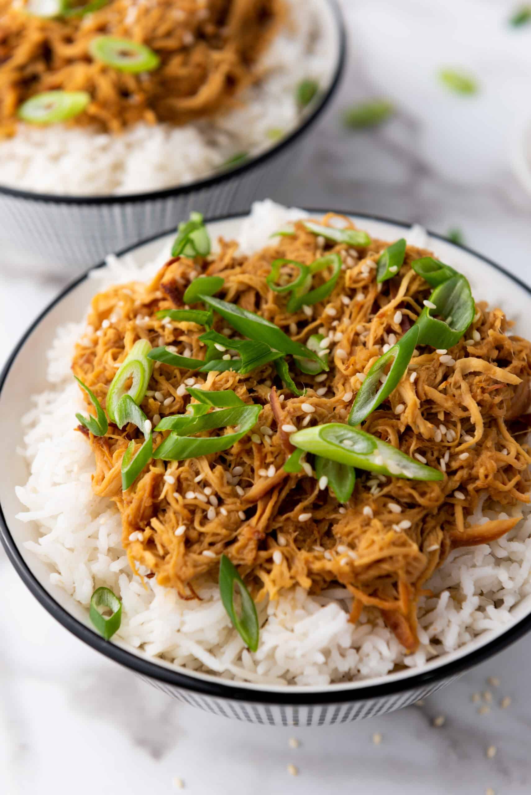 A bowl of rice topped with shredded honey garlic chicken, green onions, and sesame seeds. Another similar dish, perhaps prepared in a slow cooker, is visible in the background.