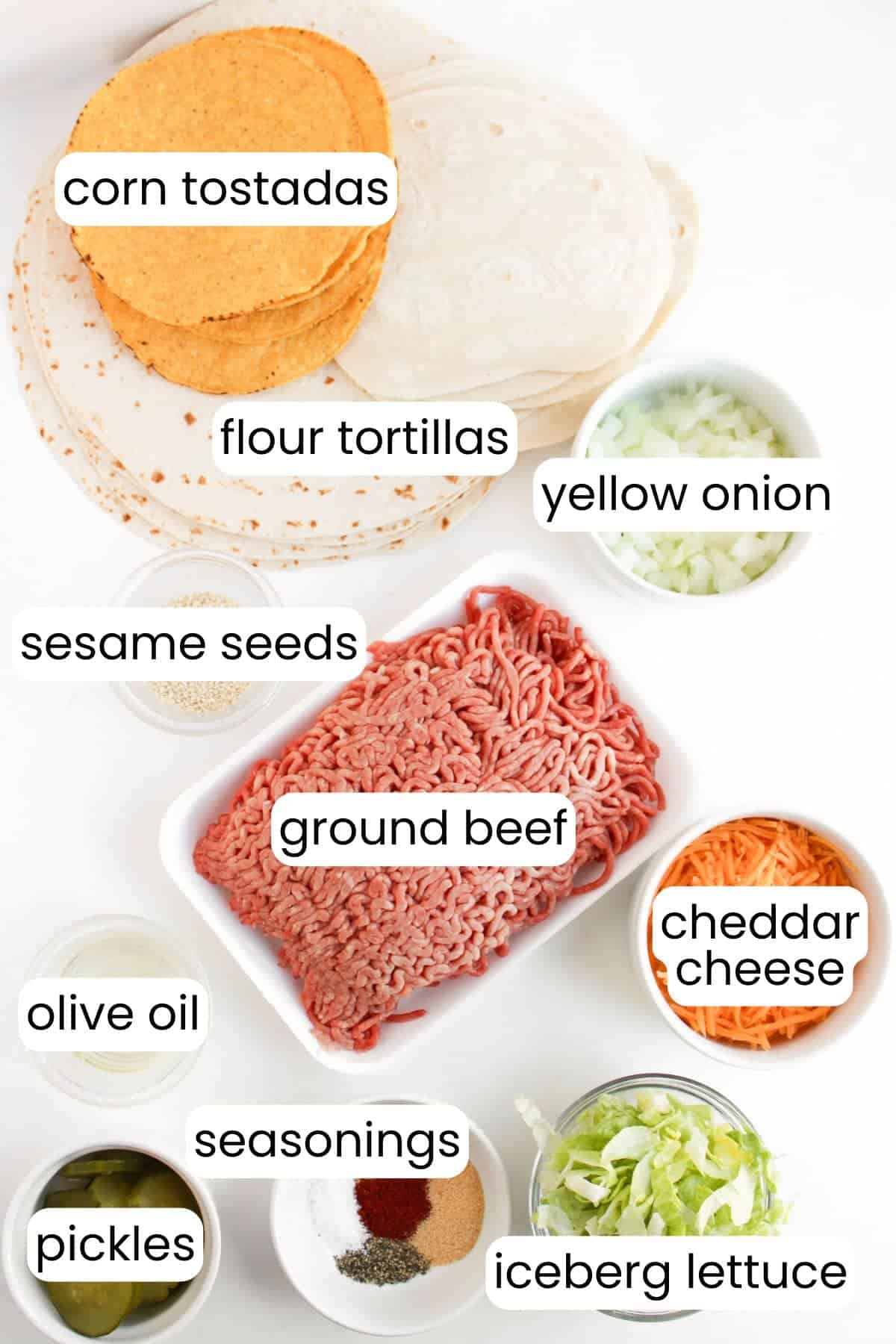 Various labeled taco ingredients, including tortillas, onion, sesame seeds, ground beef, cheddar cheese, olive oil, pickles, seasonings, and iceberg lettuce on a white surface. Perfect for crafting a homemade Crunchwrap with a hint of Big Mac flair.