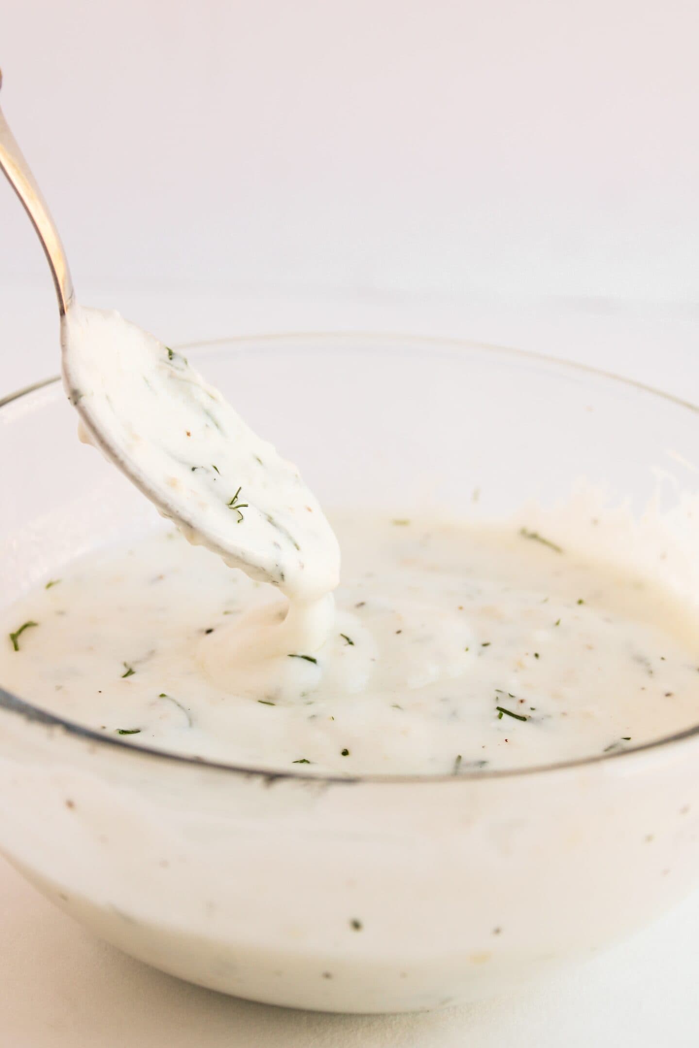 A spoon lifts a portion of creamy, white dip with small herbs and seasoning specks from a glass bowl, reminiscent of a chicken salad with Greek yogurt dressing's smooth texture.