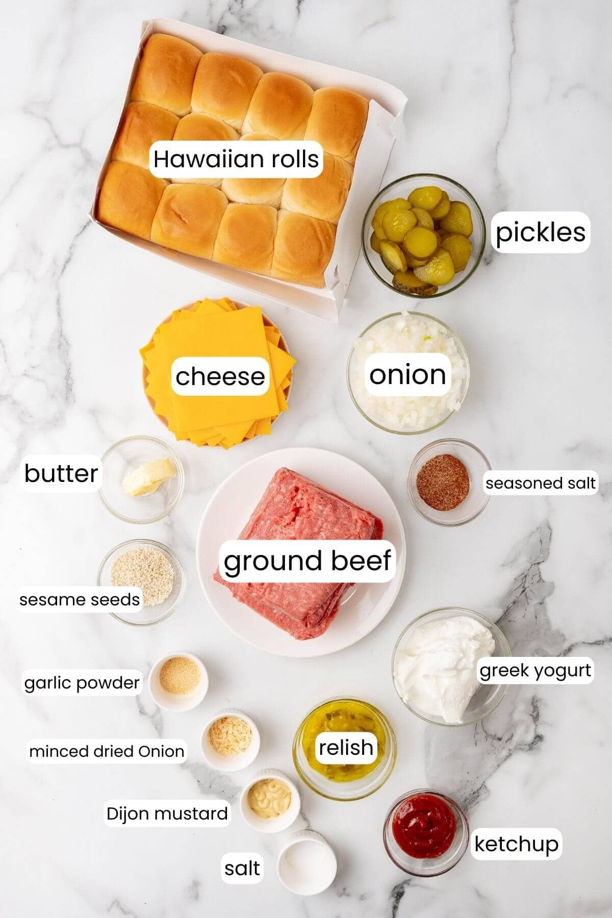 Ingredients for crafting sliders, reminiscent of a Big Mac, include Hawaiian rolls, ground beef, cheese, pickles, onion, seasoned salt, Greek yogurt, butter, garlic powder, ketchup, relish, Dijon mustard, and spices.