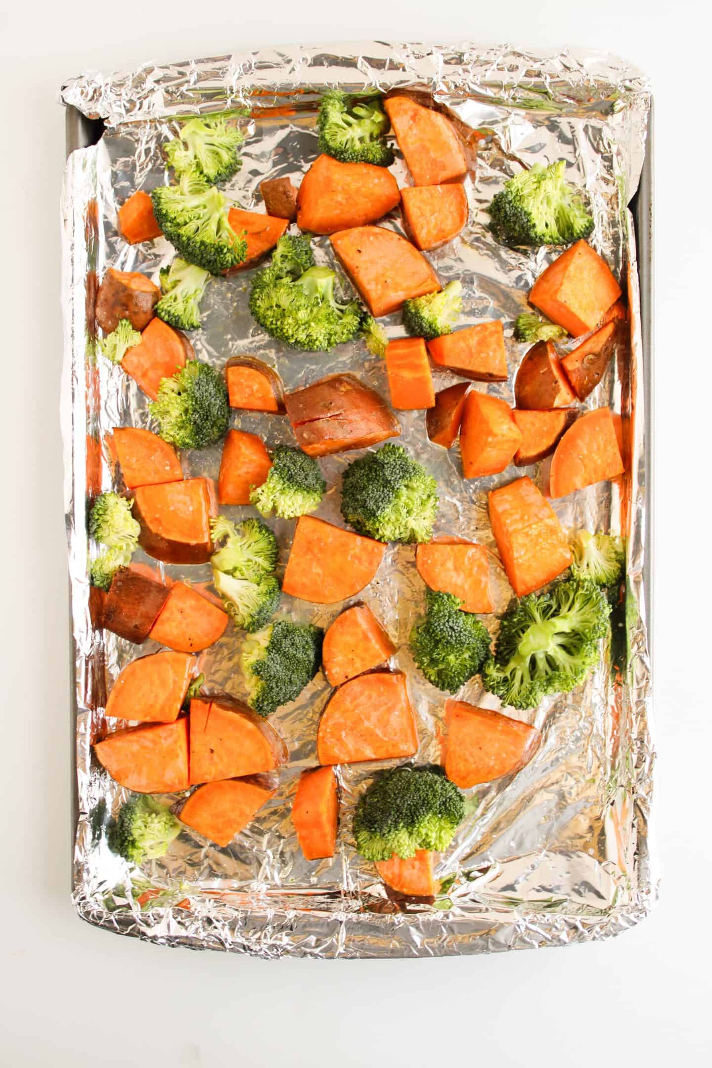 Sheet pan roasted sweet potato chunks and broccoli florets make a perfect veggie side dish.
