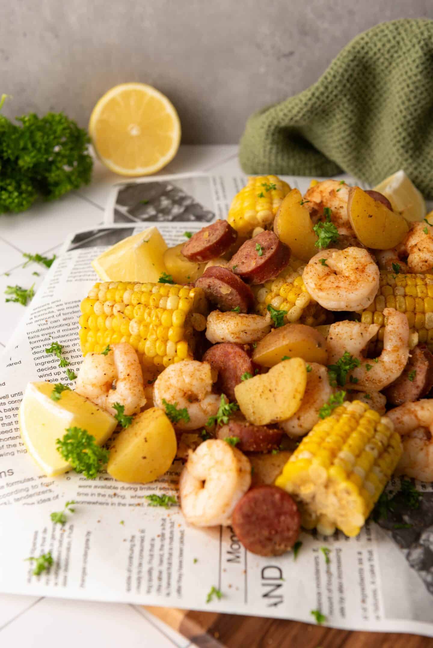 An Instant Pot Shrimp Boil with shrimp, sausage, corn, potatoes, and lemon wedges is served on newspaper and garnished with fresh parsley.