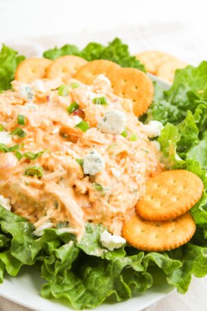 A plate of Buffalo Chicken Salad dip topped with chopped green onions and blue cheese, served on a bed of lettuce with round crackers around the edge.