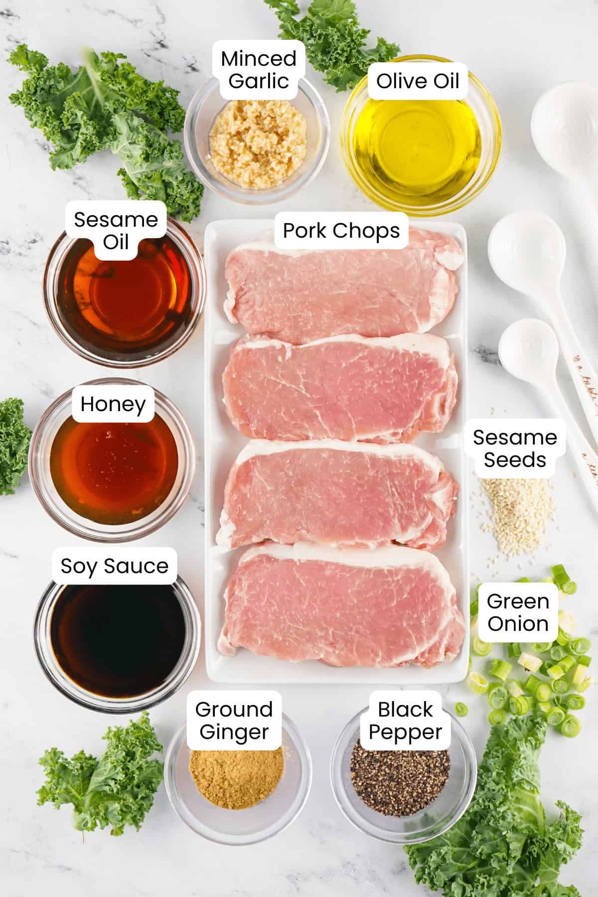 Top-down view of Asian Style Pork Chops on a tray, surrounded by bowls of honey, soy sauce, sesame oil, olive oil, minced garlic, ground ginger, black pepper, sesame seeds, and chopped green onion.