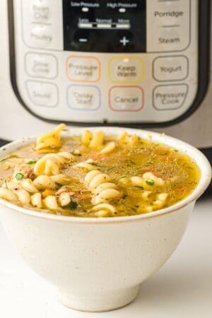 A white bowl filled with Chicken Noodle Soup sits in front of an Instant Pot.