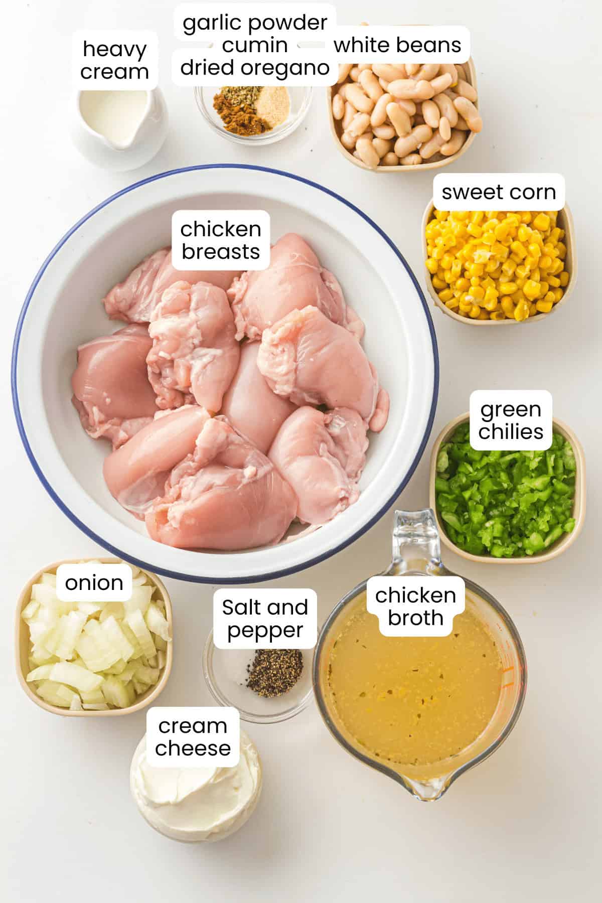Ingredients for a Slow Cooker White Chicken Chili arranged on a white surface, including raw chicken breasts, corn, green chilies, white beans, onion, spices, heavy cream, cream cheese, and chicken broth.