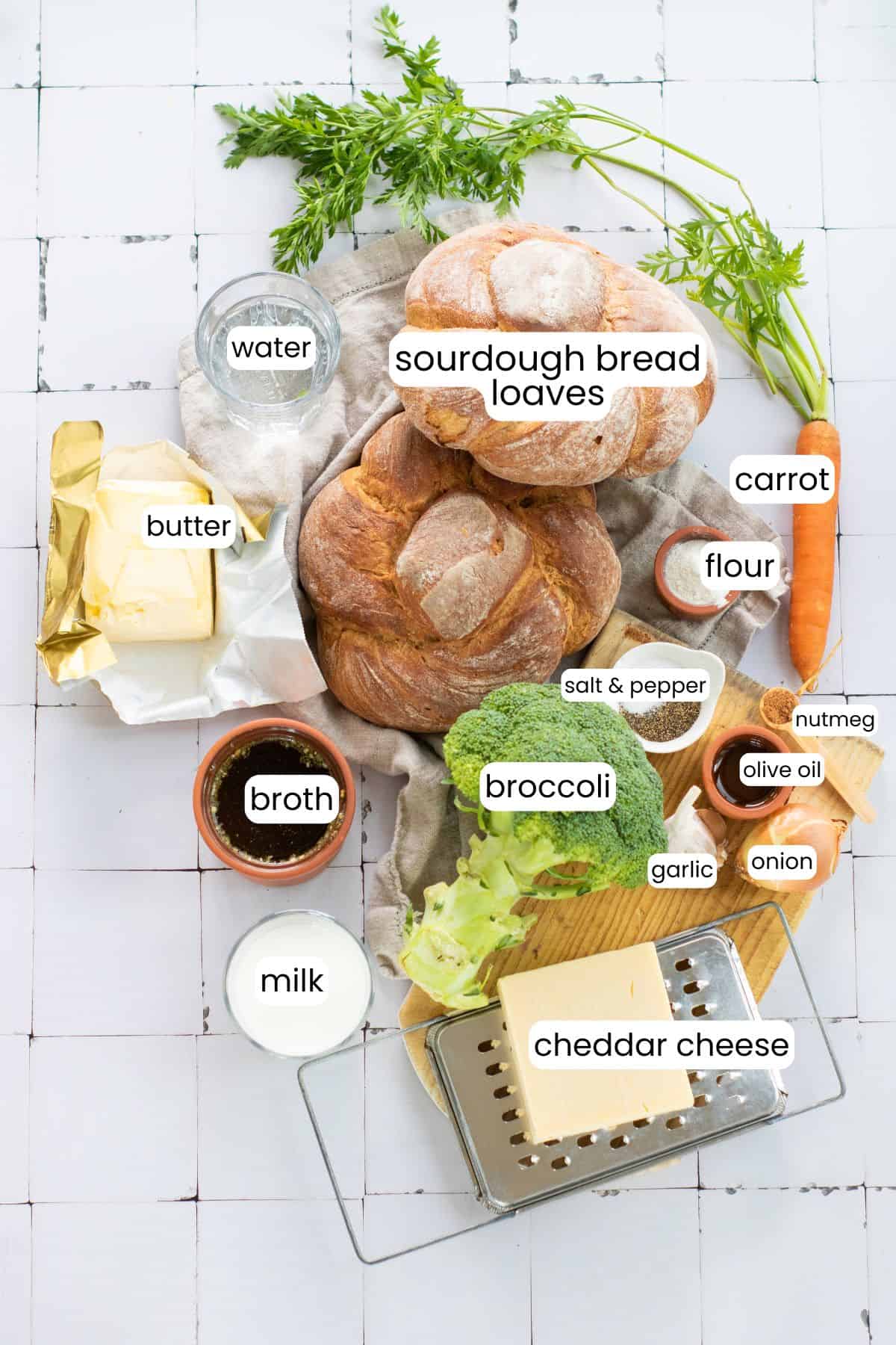 A flat lay of ingredients for Broccoli Cheddar Soup, perfect for serving in a sourdough bread bowl, including cheddar cheese, broccoli, carrot, milk, butter, broth, flour, water, onion, garlic, olive oil, and seasonings.